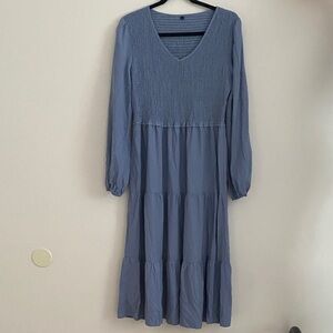 Casual Blue V-Neck Long Sleeve Tiered Dress